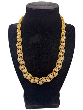 Nolan Miller Gold Tone Braided Wheat Chain Necklace W/ Clear Rhinestones (6307)